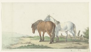Un caballo marrón y blanco en un camino junto a una valla de Jean Bernard
