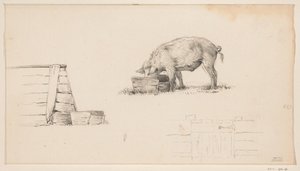 Cerdo, un bolígrafo y un boceto de una cerca. de Jean Bernard