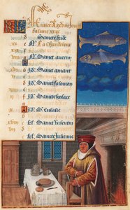 Horas de Luis XII (anteriormente Horas de Enrique VII), hoja del calendario para el mes de febrero, c.1490-1510 de Jean Bourdichon