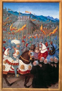 Luis XII (1462-1515) recibió a seis burgueses de Génova arrodillados (25 de abril de 1507). Miniatura de Jean Bourdichon (1457? - 1521) en "Voyage de Genes" (Folio 20v) escrito por Jean Marot, c.1508. París, B N