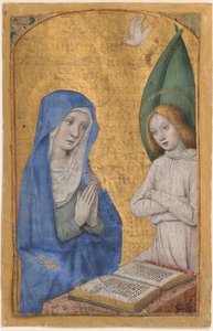 Hoja de manuscrito con la Anunciación de un libro de horas de Jean Bourdichon