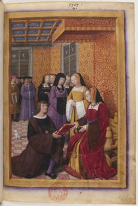 Miniatura de la dedicatoria del Voyage de Gênes: Jean Marot presenta su obra a Ana de Bretaña de Jean Bourdichon