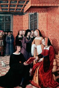 El poeta Jean Marot (1450-1526) entregando su obra Viaje a Génova a Ana de Bretaña (1477-1514), ca 1508, miniatura de Jean Bourdichon (1457-1521). Francia de Jean Bourdichon