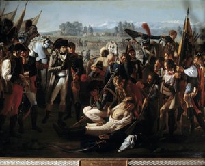 Muerte del General Charles Antoine Desaix de Veygoux (1768-1800) en la Batalla de Marengo el 14/06/1800 bajo la mirada de Napoleón Bonaparte (detalle) de Jean Broc