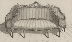 Canapé à Jouë dans le gout Pictoresque, publicado a mediados de la década de 1770 (grabado en papel verjurado) de Jean Charles (after) Delafosse