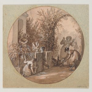 Diseño para un plato de porcelana pintado, escena de jardín del Servicio de Cultivo de Flores de Jean Charles Develly