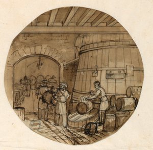 Dibujo, Diseño para un plato de porcelana pintada, Interior de una destilería de vino, 1831-44 de Jean Charles Develly