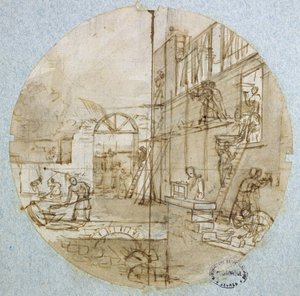 El taller del albañil, diseño de plato para un servicio que representa diferentes oficios, c.1820-35