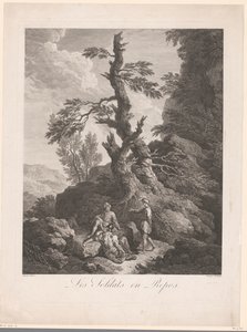 Soldados descansando frente a un árbol en un paisaje rocoso
Les soldats en repos (título en el objeto)