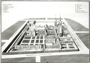 Vista de la Abadía de Saint-Germain-des-Prés antes de 1640, grabado por Antoine Herisset (1685-1769) de Jean Chaufourier