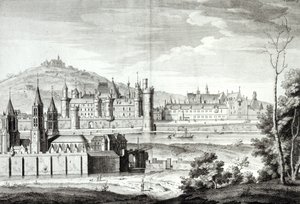 Vista de la Abadía de Saint-Germain-des-Prés, el Louvre, Petit Bourbon, Montmartre y el Sena en 1410, grabado por Antoine Herisset (1685-1769) de Jean Chaufourier