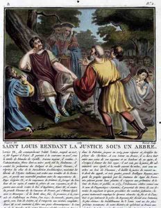 San Luis (1215-70) Administra Justicia Bajo un Árbol, grabado por Jean Baptiste Morret (fl. 1790-1820) 1789 (grabado en color) de Jean Claude (after) Naigeon