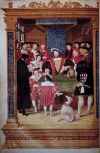 Antoine Macault leyendo su traducción al rey Francisco I (1494-1547) y a su corte. El rey está rodeado por sus hijos Francisco, Enrique (futuro Enrique II) y Carlos. A la izquierda, representaciones (de izquierda a derecha): Claude d