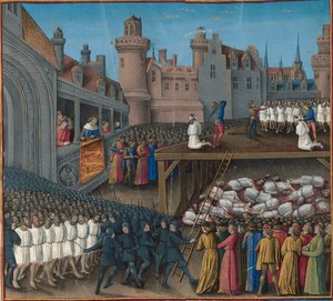 Masacre de los prisioneros sarracenos, ordenada por el Rey Ricardo Corazón de León, 1191, 1474-1475 de Jean Colombe