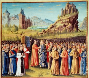 Segunda Cruzada: El rey Luis VII toma la cruz en Vézelay en presencia de San Bernardo de Claraval y el obispo de Versalles el 31/03/1146. Muchos barones también tomaron la cruz de Jean Colombe