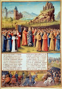 Segunda Cruzada: El rey Luis VII toma la cruz en Vézelay en presencia de San Bernardo de Claraval y el obispo de Versalles el 31/03/1146. Muchos barones también tomaron la cruz de Jean Colombe