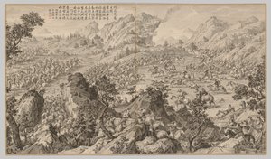 Batalla en Aerchuer: de Escenas de Batalla de la Supresión de Rebeliones..., c. 1765-1774, poema fechado 17 de Jean Damascene Sallusti