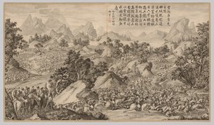 Batalla en Heshi Kuluke: de Escenas de Batalla de la Represión de Rebeliones..., c. 1765-1774 de Jean Damascene Sallusti