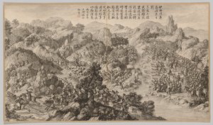 Batalla en Yixier Kuernaoer: de Escenas de Batalla de la Represión de Rebeliones, c. 1765-1774 de Jean Damascene Sallusti