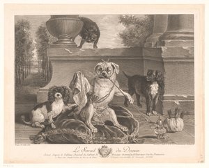 Tres perros, uno disfrazado en un patio. Le Serrail du Doguin (título sobre objeto) de Jean Daullé