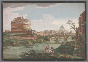 Vista del Castillo de los Ángeles y del Puente de los Ángeles sobre el río Tíber en Roma
Roma moderna (título en el objeto) de Jean Daullé
