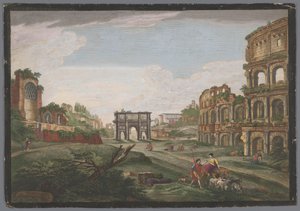 Vista de las ruinas del Arco de Constantino y del Coliseo en Roma
Rome ancienne (título en el objeto) de Jean Daullé