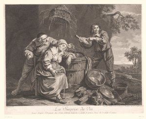 Mujer durmiendo junto a un barril con copa de vino en la mano La sorpresa del vino. (título en el objeto) Impresiones después de Le Nain (título de la serie) de Jean Daullé