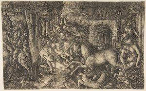 Un rey perseguido por un unicornio, de la serie del Unicornio, ca. 1555 de Jean Duvet