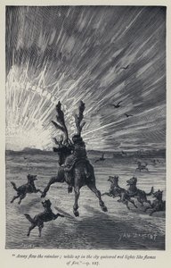 "Los renos volaron, mientras en el cielo temblaban luces rojas como llamas de fuego" (grabado) de Jean Edouard Dargent