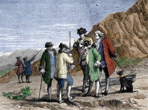 Florin Perier midiendo la altura del barómetro (tubo de mercurio) de Evangelista Torricelli durante el experimento sobre la gravedad del aire de Blaise Pascal, en la cima del Puy de Dome (1648). Grabado por Yan Dargent. de Jean Edouard Dargent