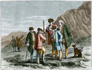 Florin Perier midiendo la altura del barómetro (tubo de mercurio) de Evangelista Torricelli durante el experimento sobre la gravedad del aire de Blaise Pascal, en la cima del Puy de Dome (1648). Grabado por Yan Dargent. de Jean Edouard Dargent