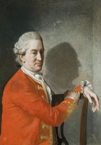 Retrato de James Hamilton, 2º Conde de Clanbrassil, medio cuerpo, con un abrigo rojo, sentado en una silla de caoba, su perfil proyectado en sombras en la pared detrás, 1774 de Jean Étienne Liotard