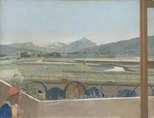 Vista hacia el macizo del Mont Blanc desde el estudio del artista en Ginebra, con un autorretrato
Vista hacia el macizo del Mont Blanc desde el estudio del artista en Ginebra, con autorretrato de Jean Étienne Liotard