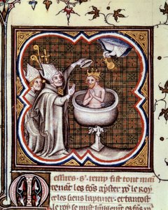 Bautismo de Clodoveo (466-511) por San Remigio (San Remi) en Reims en 496: el Espíritu Santo trae el santo crisma utilizado para la unción de los reyes. Miniatura en 