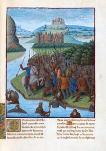 Batalla entre los Macabeos y los Seléucidas (Revuelta de los Macabeos). Ilustración en Flavius ​​​​Josephus ""Antigüedades de los judíos"" (Antiquitatum Iudaica de Fouquet, Jean (1420-1481). Gouache sobre pergamino, L