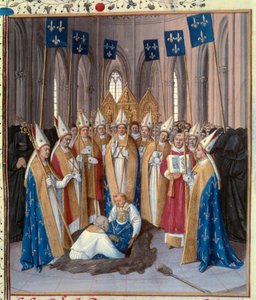 Entierro del Rey Felipe IV el Hermoso (1268-1314) en la Basílica de Saint Denis. Miniatura tomada de “Las Crónicas de Saint Denis” de Jean Fouquet (1420-1481) siglo XV. París, B.N.