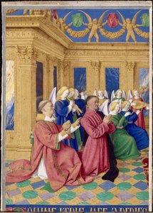 Étienne Chevalier y su patrón Saint Étienne, miniatura de las Horas de Étienne Chevalier de Jean Fouquet