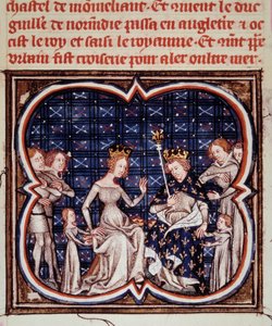 Rey de Francia Felipe I con su esposa Berta de Holanda y sus hijos Constanza de Francia y Luis VI. Miniatura de "Las grandes crónicas de Francia" (ms. fr. 2813 fol. 182) 1375-1380. París, B.N. de Jean Fouquet