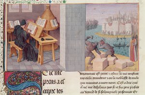 Ms.fr.273 fol.7 Livio (59 a.C.-17 d.C.) escribiendo y la fundación de Roma, de 