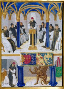 Representación de San Bernardo de Claraval (San Bernardo di Chiaravalle) (1090-1153) enseñado y tentado por el diablo. Miniatura tomada de 
