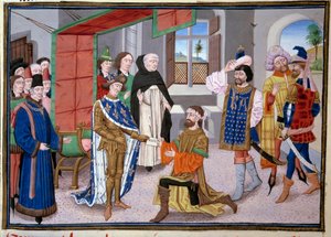 Séptima Cruzada: Rey de Francia San Luis (o Luis IX) (1214-1270) en Nicosia en Chipre alrededor de 1245. Miniatura de las "Grandes Crónicas" de Jean Fouquet (1420-1481). París, Biblioteca del Arsenal de Jean Fouquet