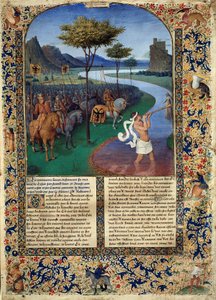 El Paso del Rubicón por Julio César. El general romano Julio César cruzó el Rubicón el 11/01/49 a.C., lo que constituye la separación entre la Galia Cisalpina e Italia. Miniatura de “Historia Antigua hasta César y Hechos de los Romanos” de Jean Fouquet de Jean Fouquet