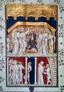 La coronación de Carlos VI (1368-1422) por los pares de Francia el 16/09/1380. Miniatura de las Grandes Crónicas de Francia por Jean Fouquet (1420-1481) siglo XV París, B.N. de Jean Fouquet