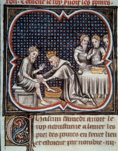 El pie del Rey Luis IX (1214-1270) (San Luis): da comida y lava los pies de los pobres. Miniatura del manuscrito “Las Grandes Crónicas de Francia” de Jean Fouquet (1420-1481) siglo XV. París, B.N. de Jean Fouquet