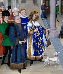 (detalle) El rey San Luis (Luis IX (1214-1270) preparándose para partir al extranjero. Miniatura de “Las Grandes Crónicas” de Jean Fouquet (1420-1481), París, Biblioteca de l