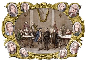 París - El café “Procope” en el siglo XVIII de derecha a izquierda, en los medallones, Georges Louis Leclerc, Conde de Buffon, Nicolas Joseph Florent Gilbert, Denis Diderot, Jean le Rond d