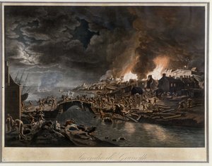 Granville en llamas asediada por los Vandeanos, basado en pintura de J. François Hue, c. 1800 de Jean Francois Hue