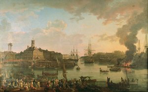 Vista del puerto de Brest desde los muelles cubiertos en 1795 de Jean Francois Hue