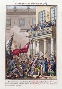 Luis XVI apareciendo en el balcón en Versalles el 6 de octubre de 1789 para decirle a la multitud parisina que irá a París con la condición de que su esposa y su familia viajen con él de Jean Francois Janinet