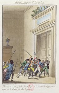 Multitud de Parisinos atacando y matando a la guardia en la entrada de los apartamentos de la Reina en Versalles, 6 de octubre de 1789 de Jean Francois Janinet